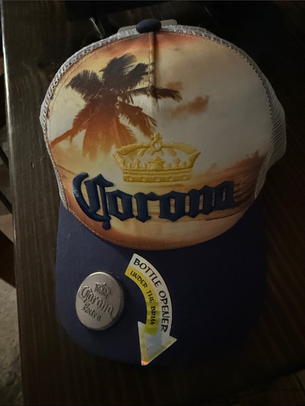 Corona Trucker Hat with Palm Sunset Design in Blue, Cream, Yellow
